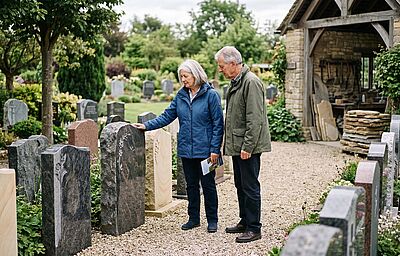 Älteres Ehepaar schaut sich Grabsteine an