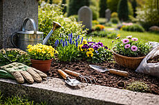 Grab mit Gartengeräten und Frühjahrsblumen