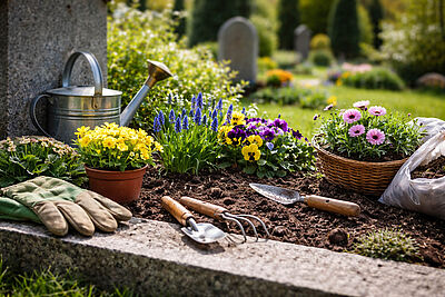 Grab mit Gartengeräten und Frühjahrsblumen