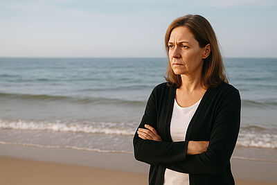 Eine trauernde Frau am Strand