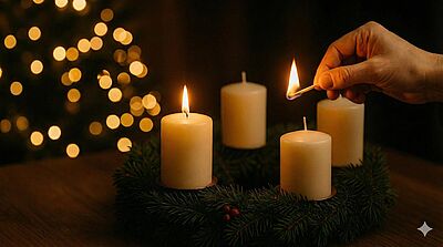 Ein Adventskranz mit vier beigen Kerzen. Eine brennt. Eine Hand hält einen brennenden Streichholz