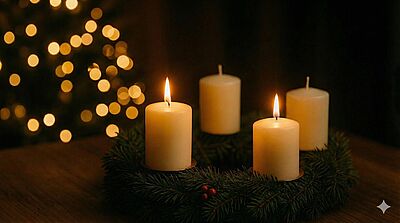 Ein Adventskranz mit zwei brennenden Kerzen