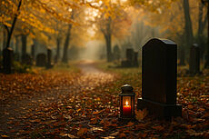 Herbstlicher Friedhof mit Grabkerze