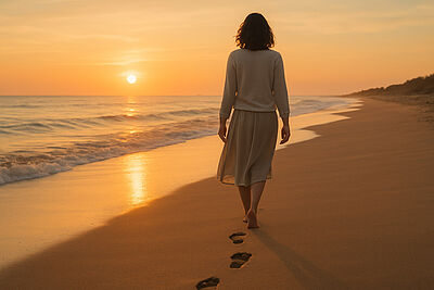 Frau spaziert am Strand bei Sonnenuntergang