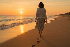 Frau spaziert am Strand bei Sonnenuntergang